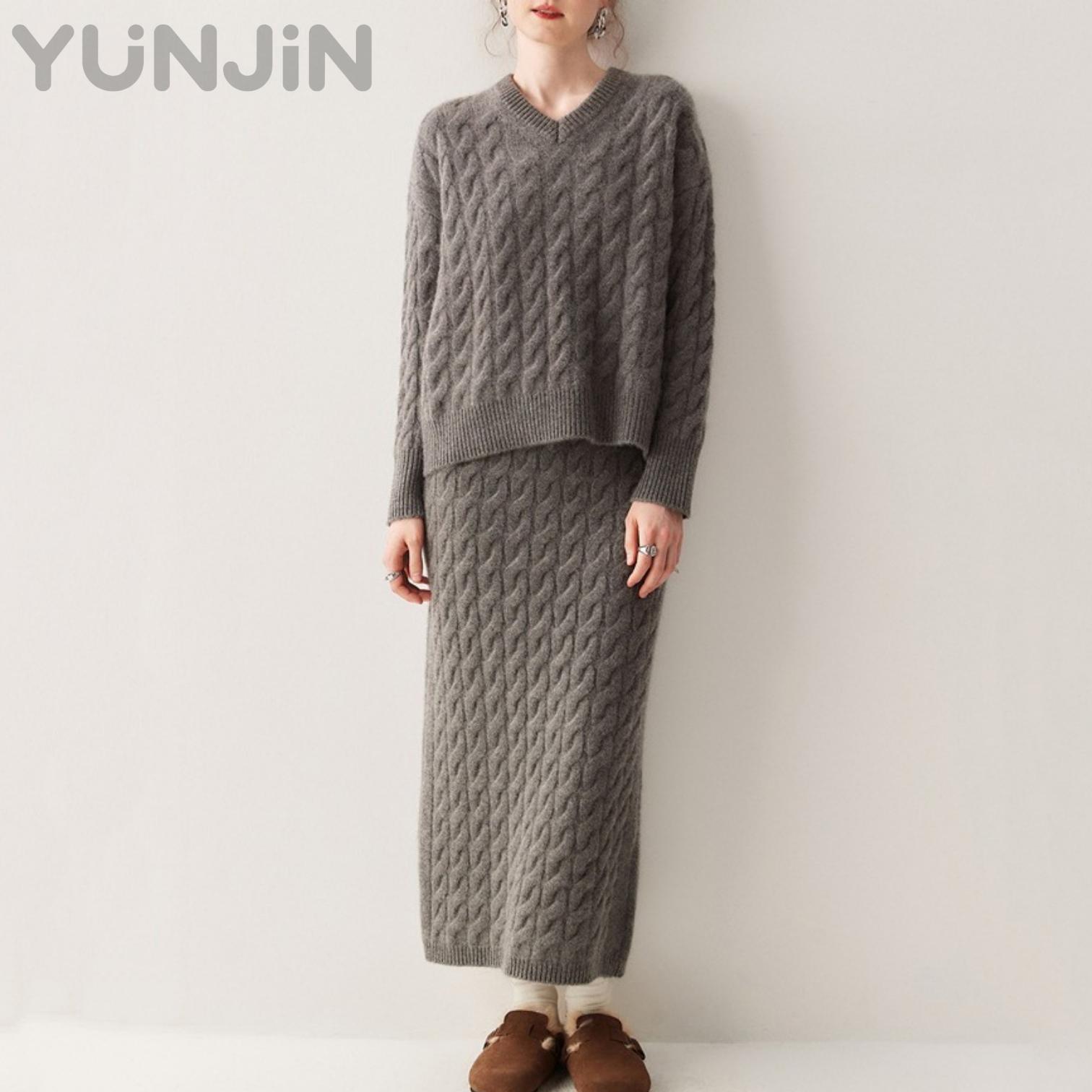 Women's Cashmere Wool Knitted Set Two Pieces V-neck