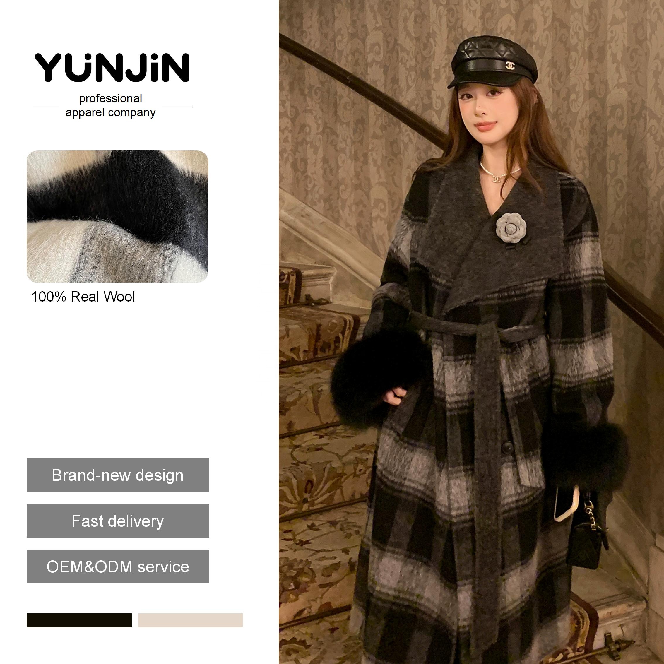 Double-Face Cashmere Coat Women Long Grey-Plaid Belted Slim-Fit