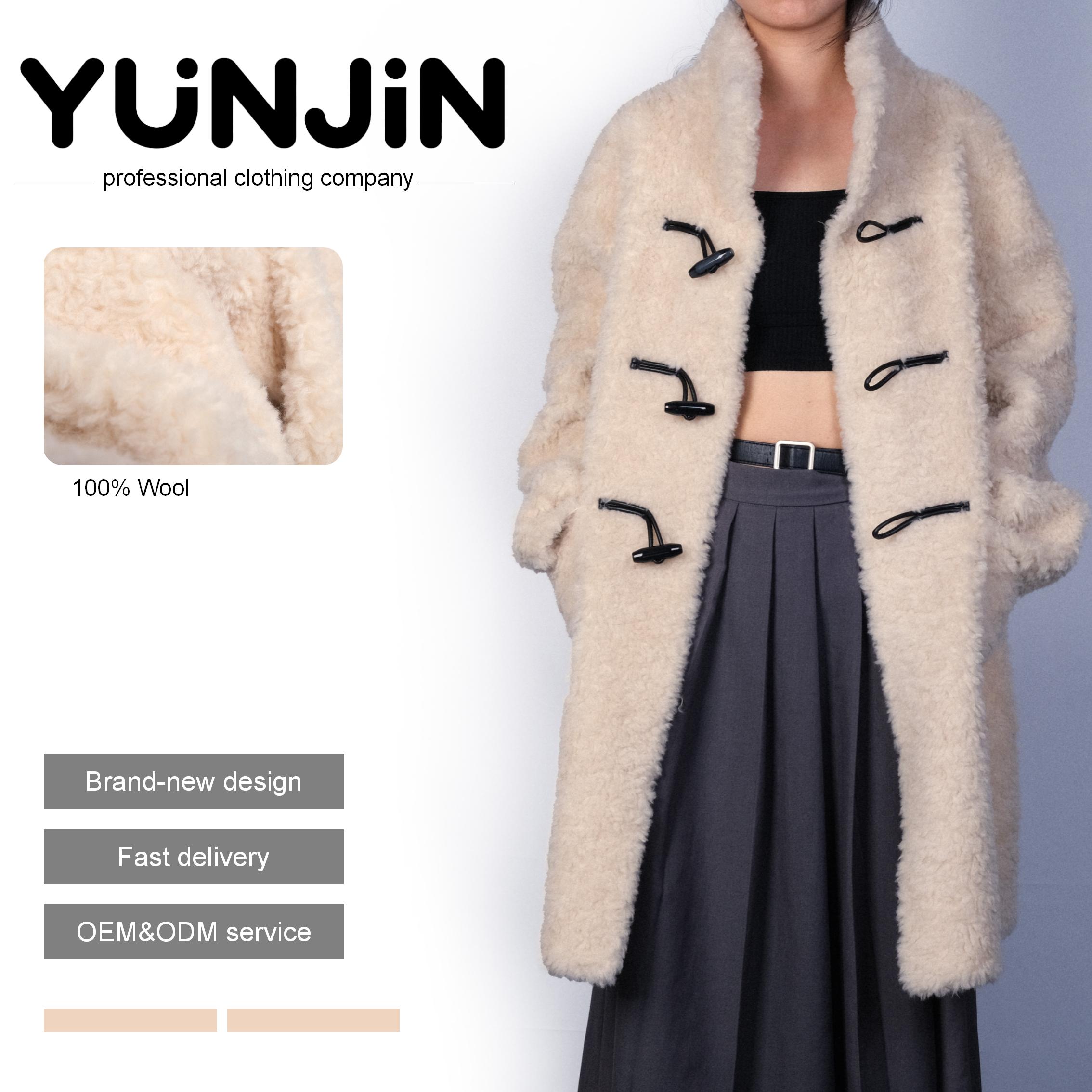 YUNJIN Women's Long Thick Curly Real Wool Coat