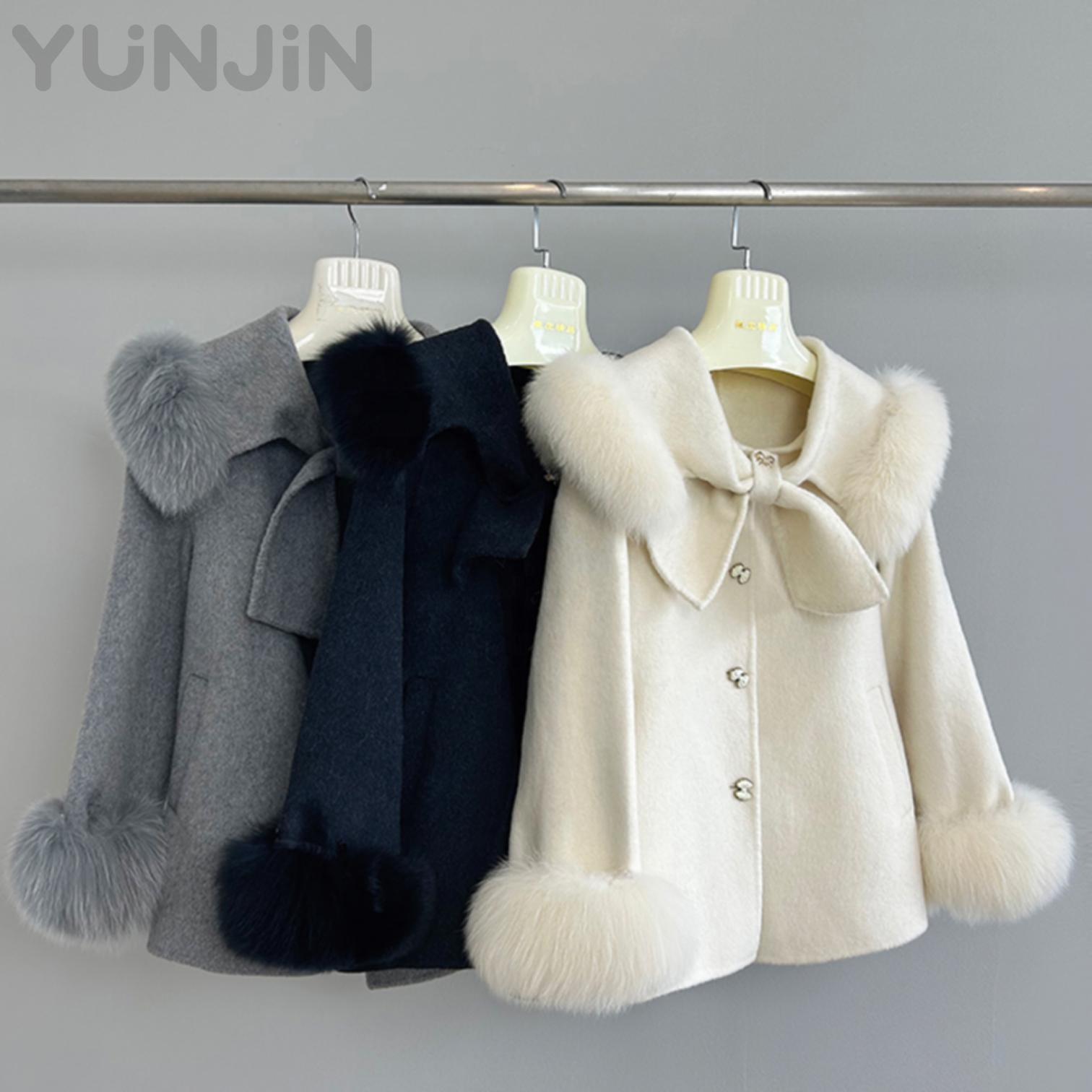 Luxury Women's Double Face Wool Coat Real Fox