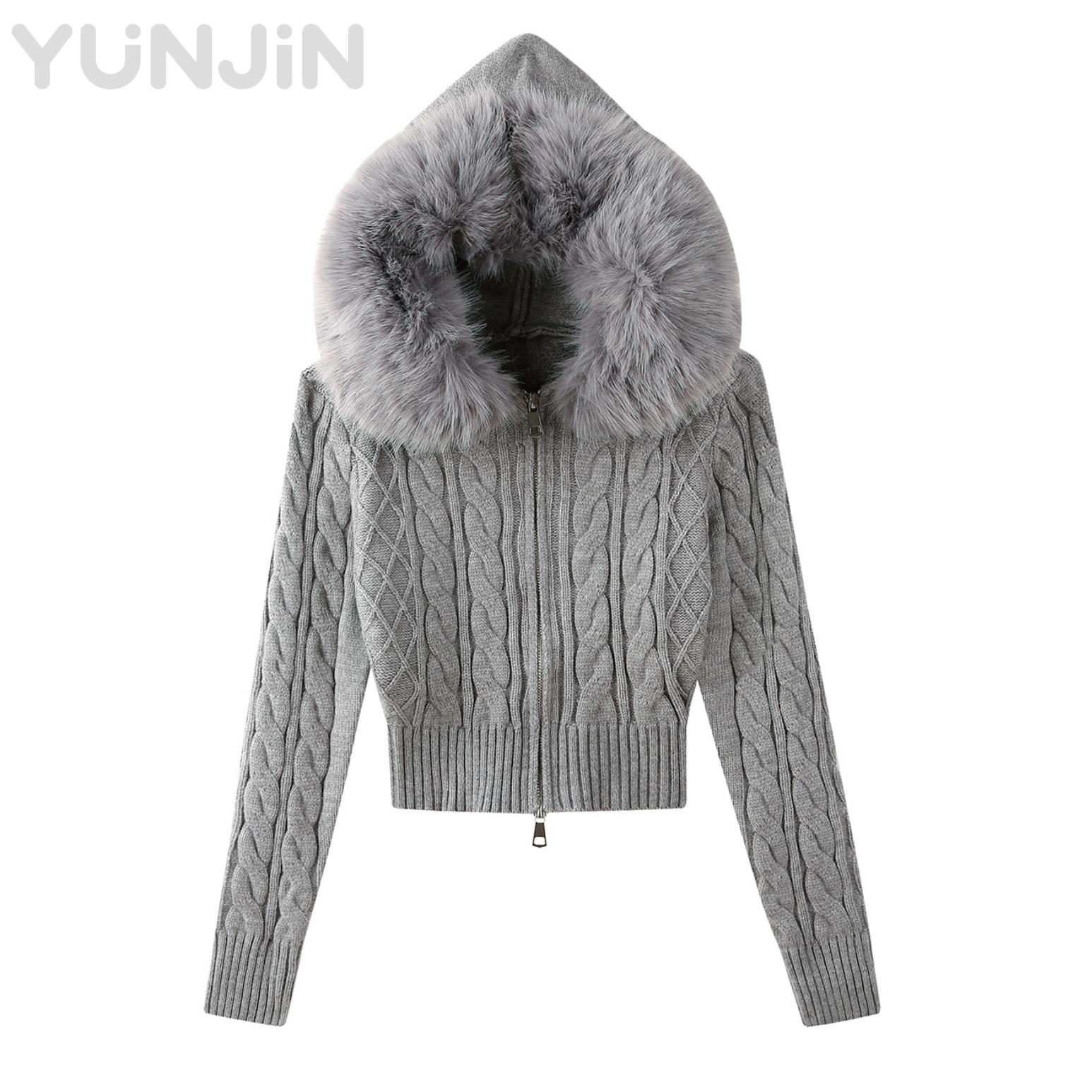 Grey Vintage Classic Fox Fur Trim Hooded Knit