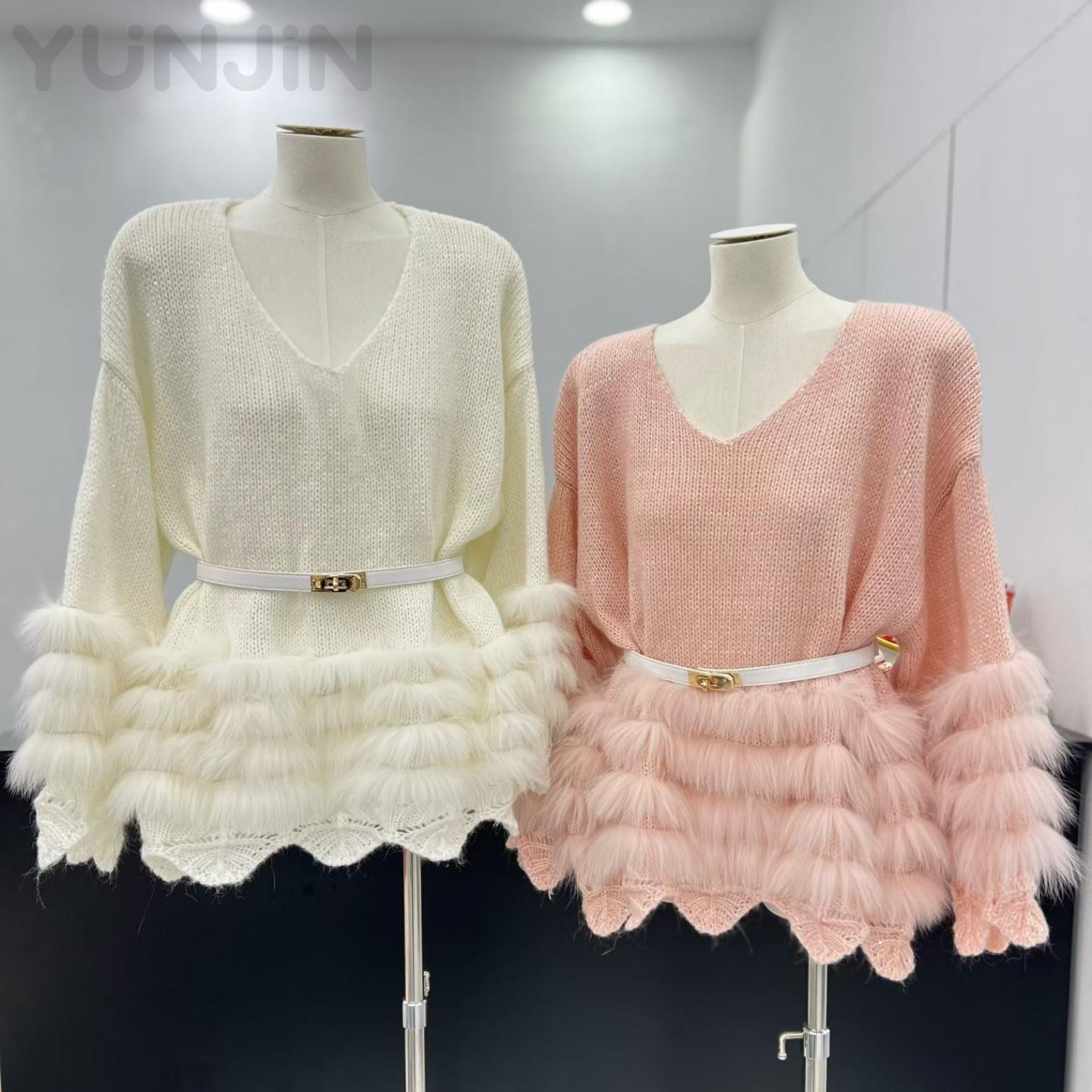 Women Real Fox Fur Trim Knit Sweater Skirt