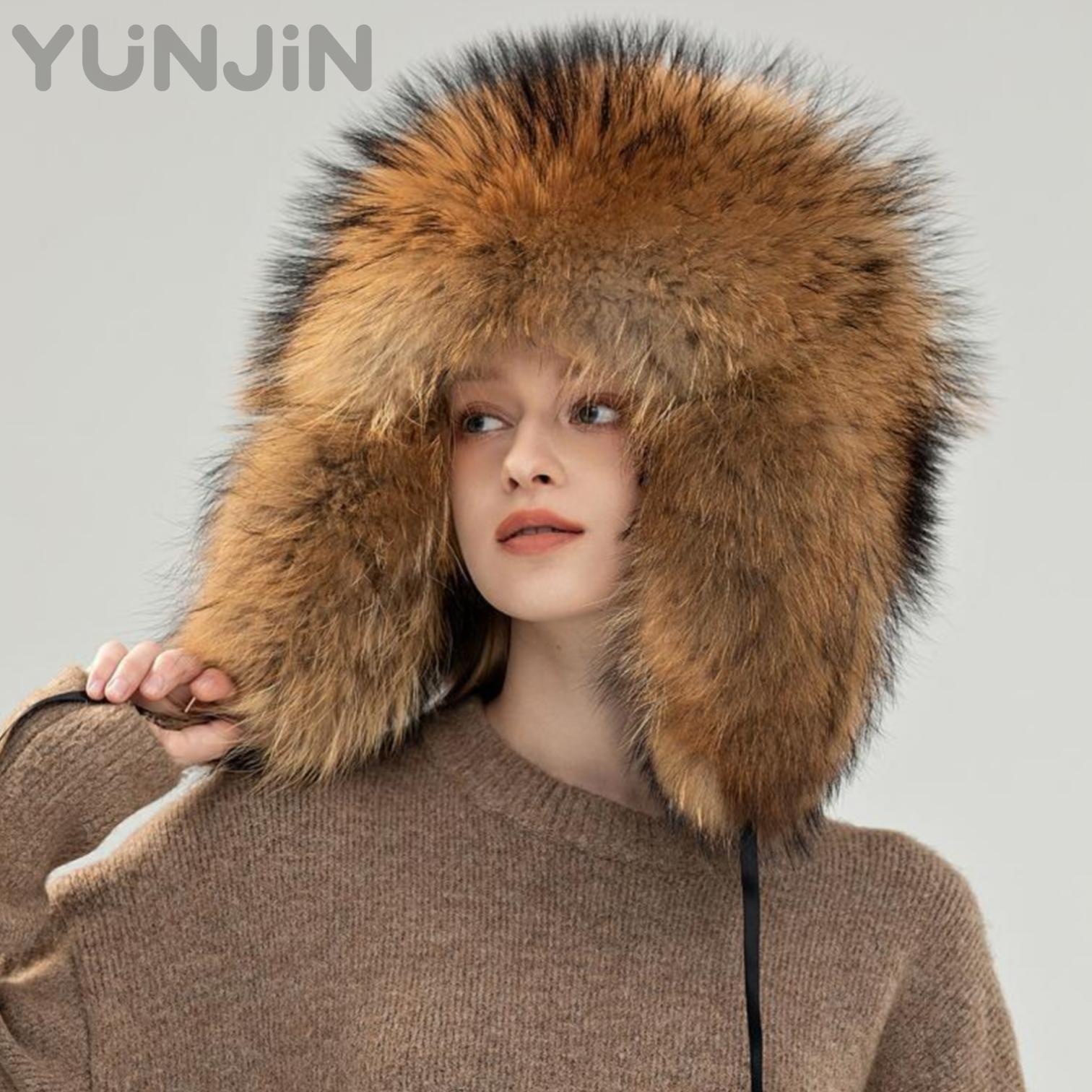 New Women's Real Raccoon Fur Leifeng Hat Outdoor