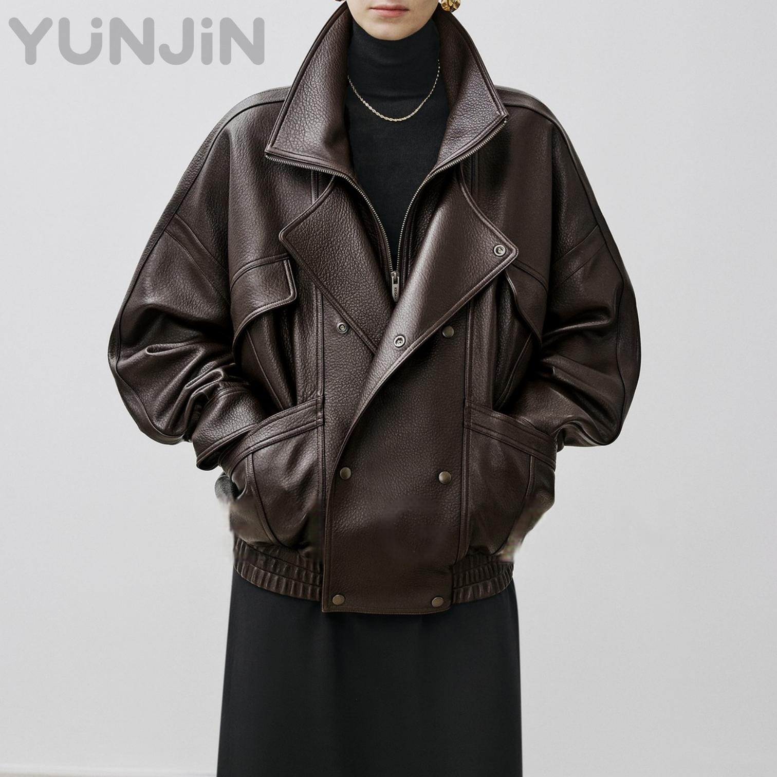 Designer Women's Genuine Leather Jacket Vintage Windproof Bomber