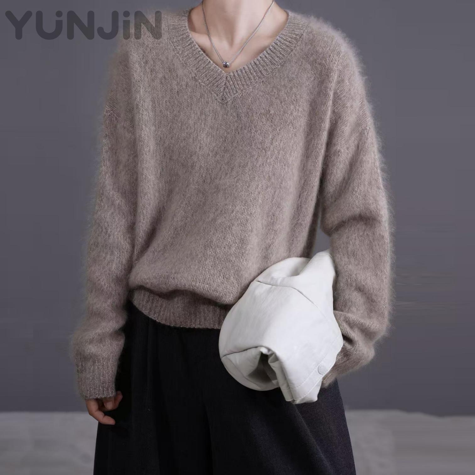 Women's Simple Design Wool Cashmere Knit Sweater V-neck