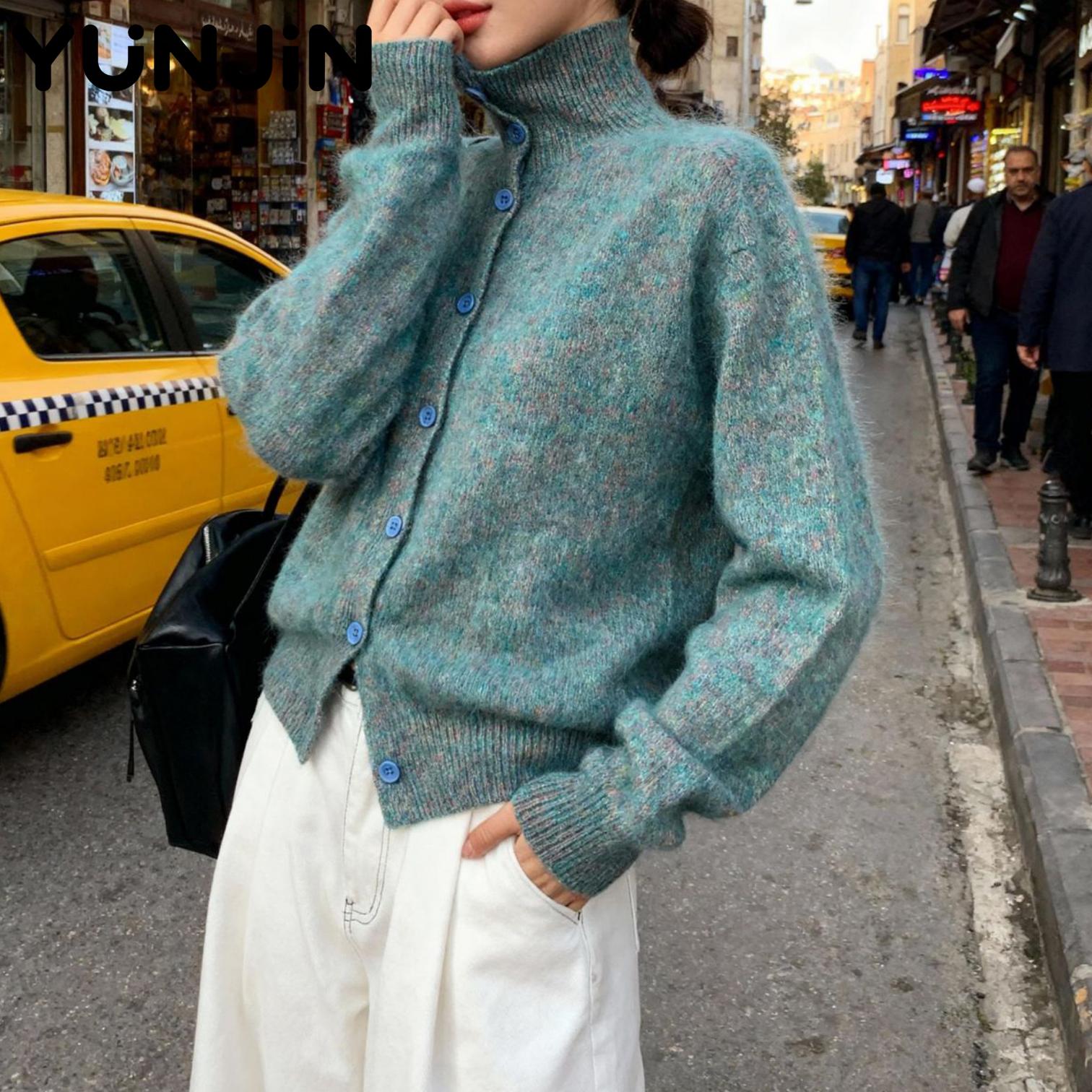 Women's Wool Cashmere Fluffy Knit Sweater Stand Collar