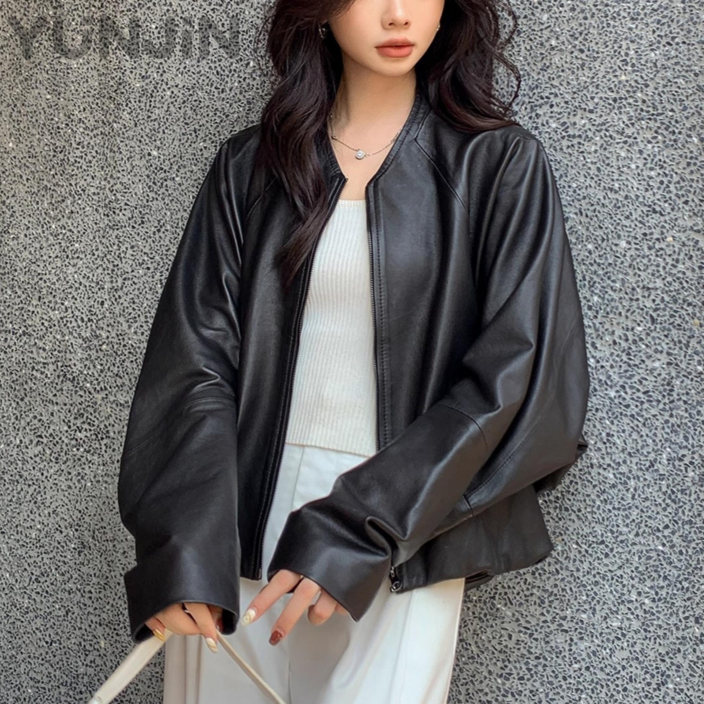 Womens Genuine Sheep Leather Jacket Batwing Sleeves Short