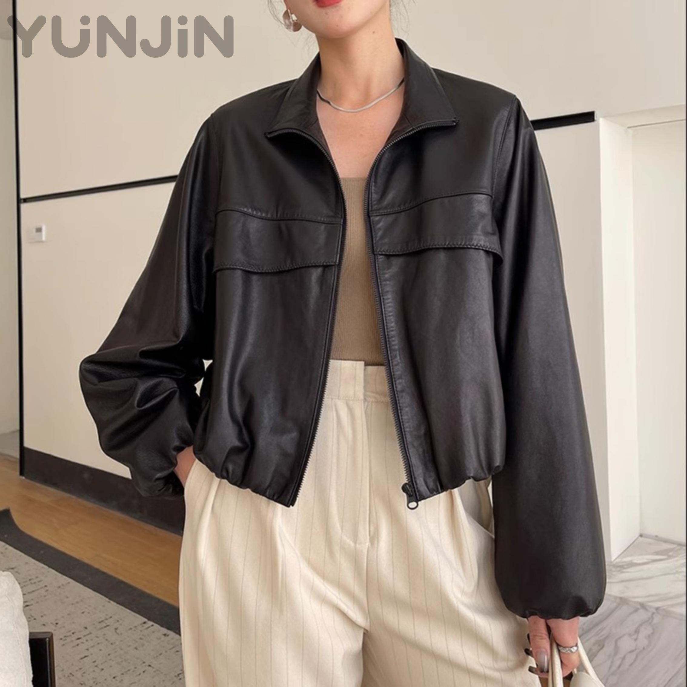 Petite Women Sheep Leather Jacket Short Cropped Zip