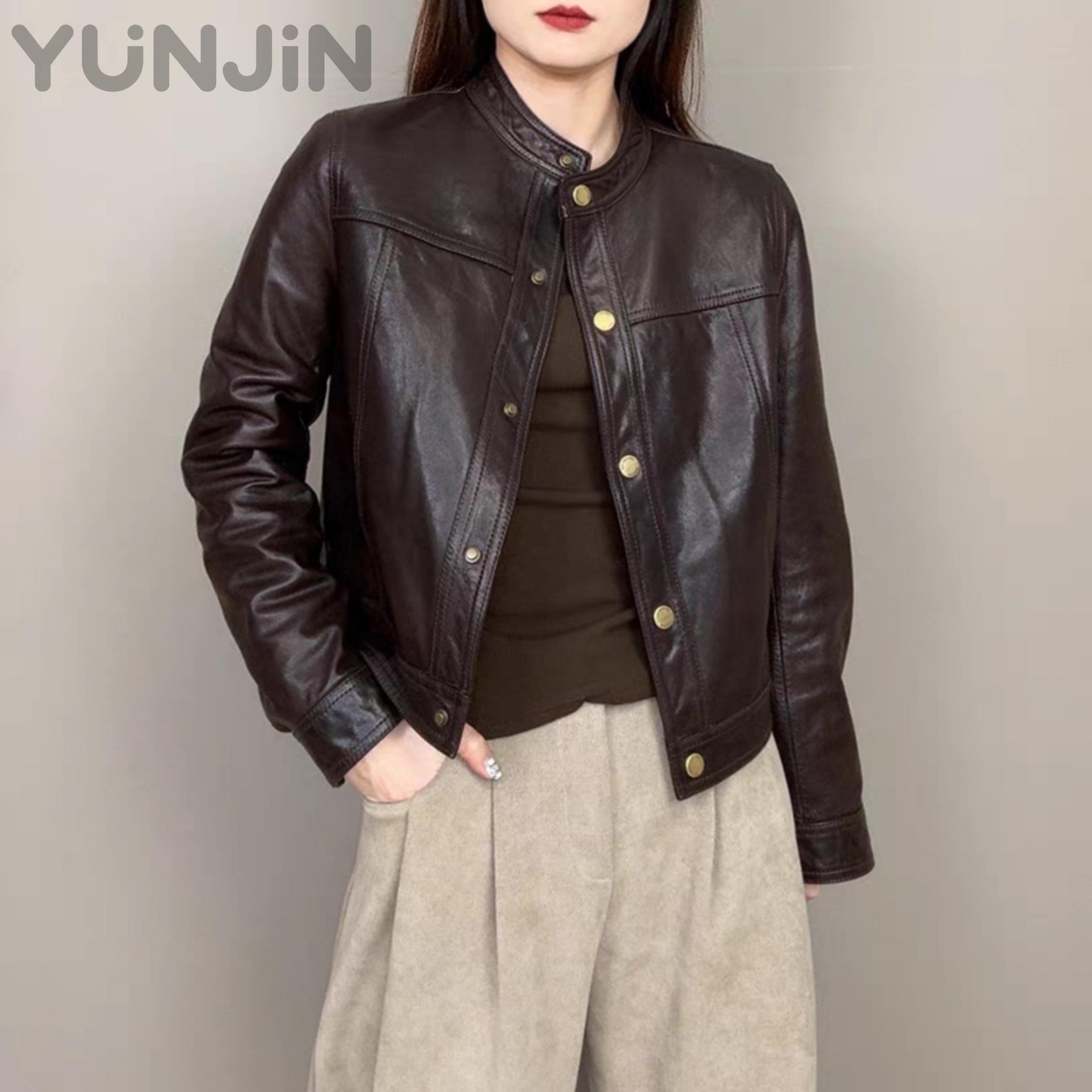Women Vegetable Tanned Sheep Leather Jacket Round Neck