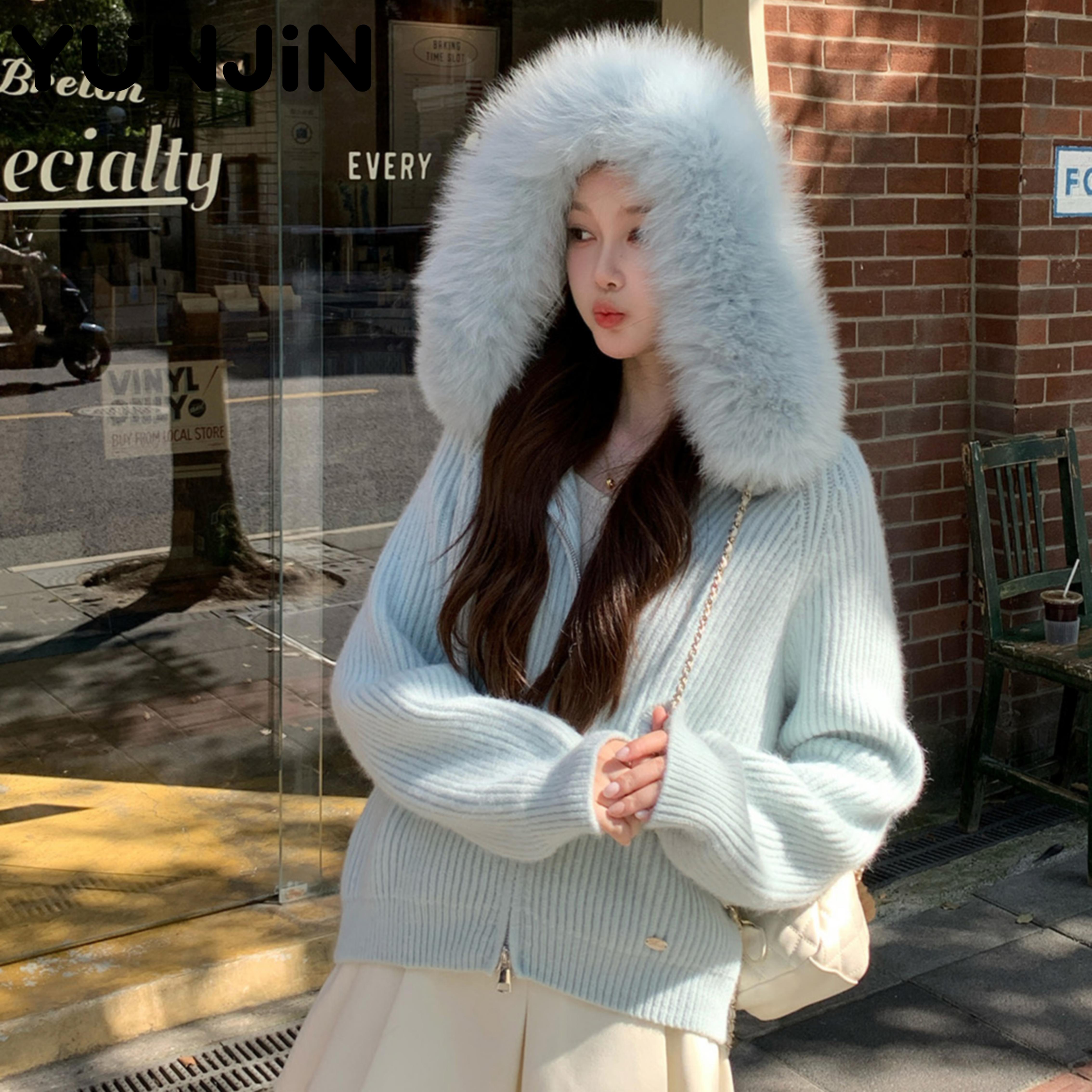 New Blue Winter Real Fox Fur Collar Hooded