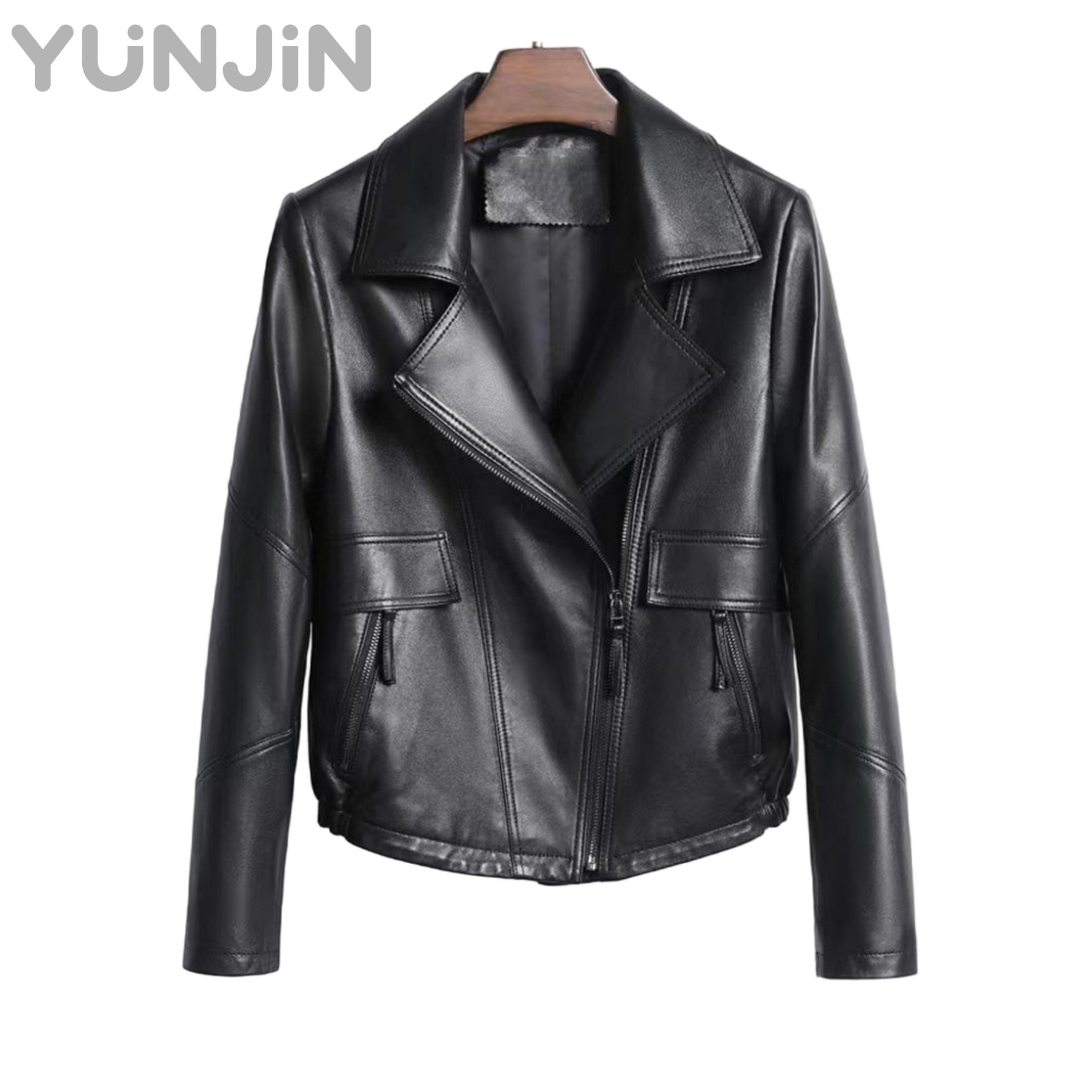 Women Sheep Leather Jacket Korean Style Cropped Biker