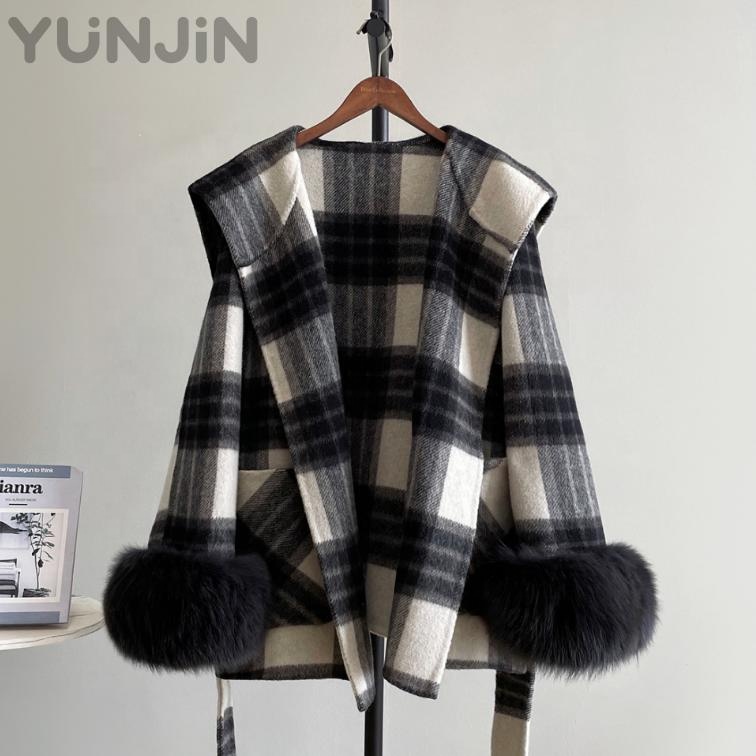 Women Double Faced Wool Cape Coat Navy Collar