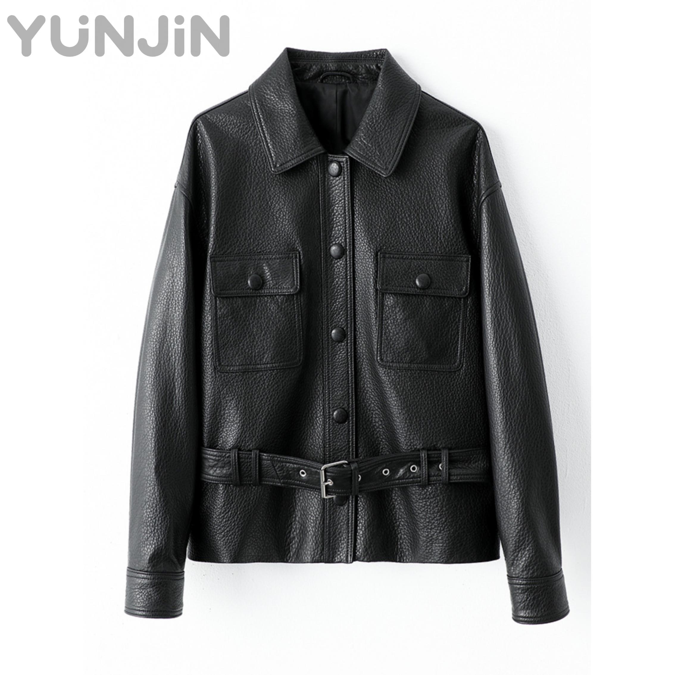 Women Black Leather Jacket Shirt Style Cropped Biker