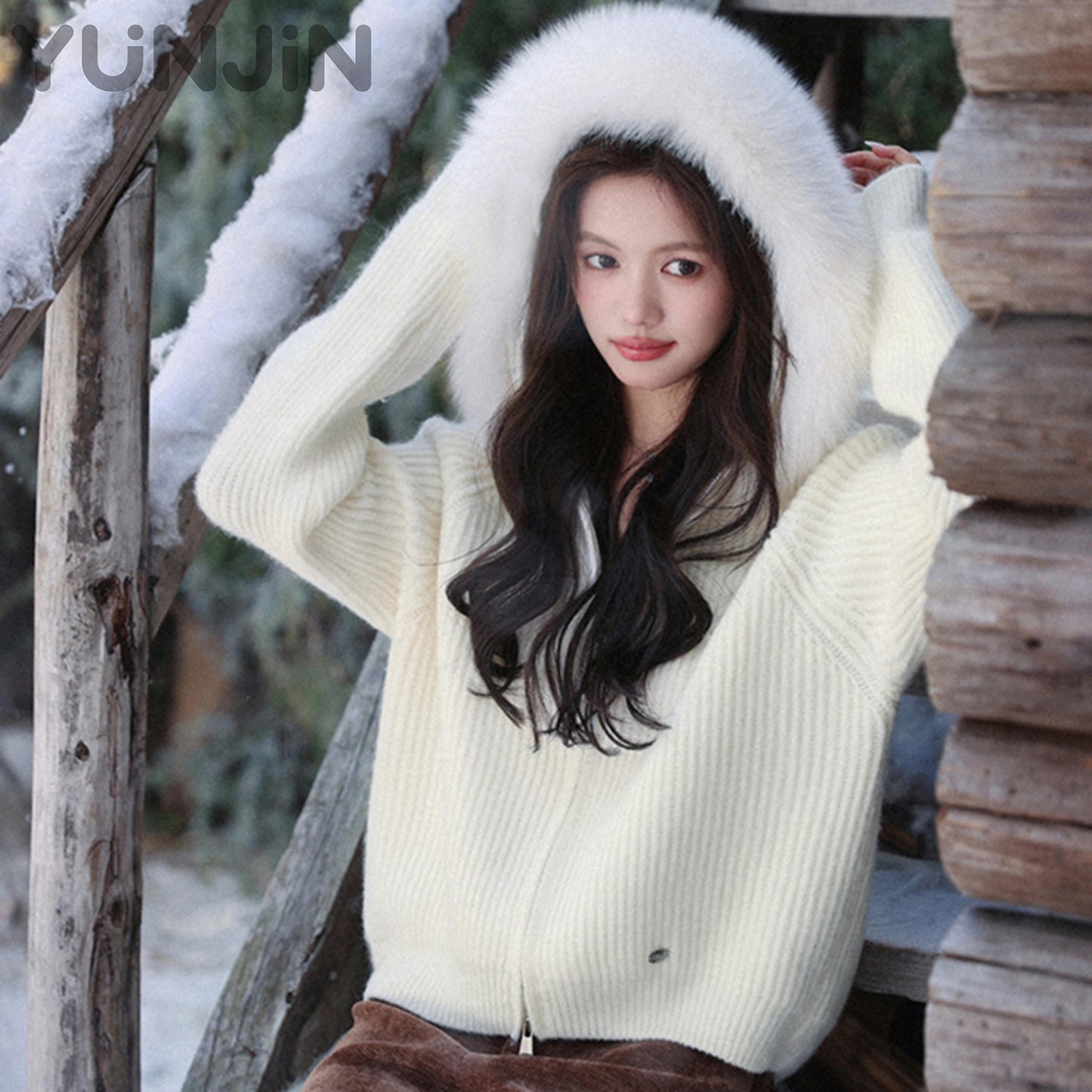 New Winter Real Fox Fur Collar Knitted Hooded