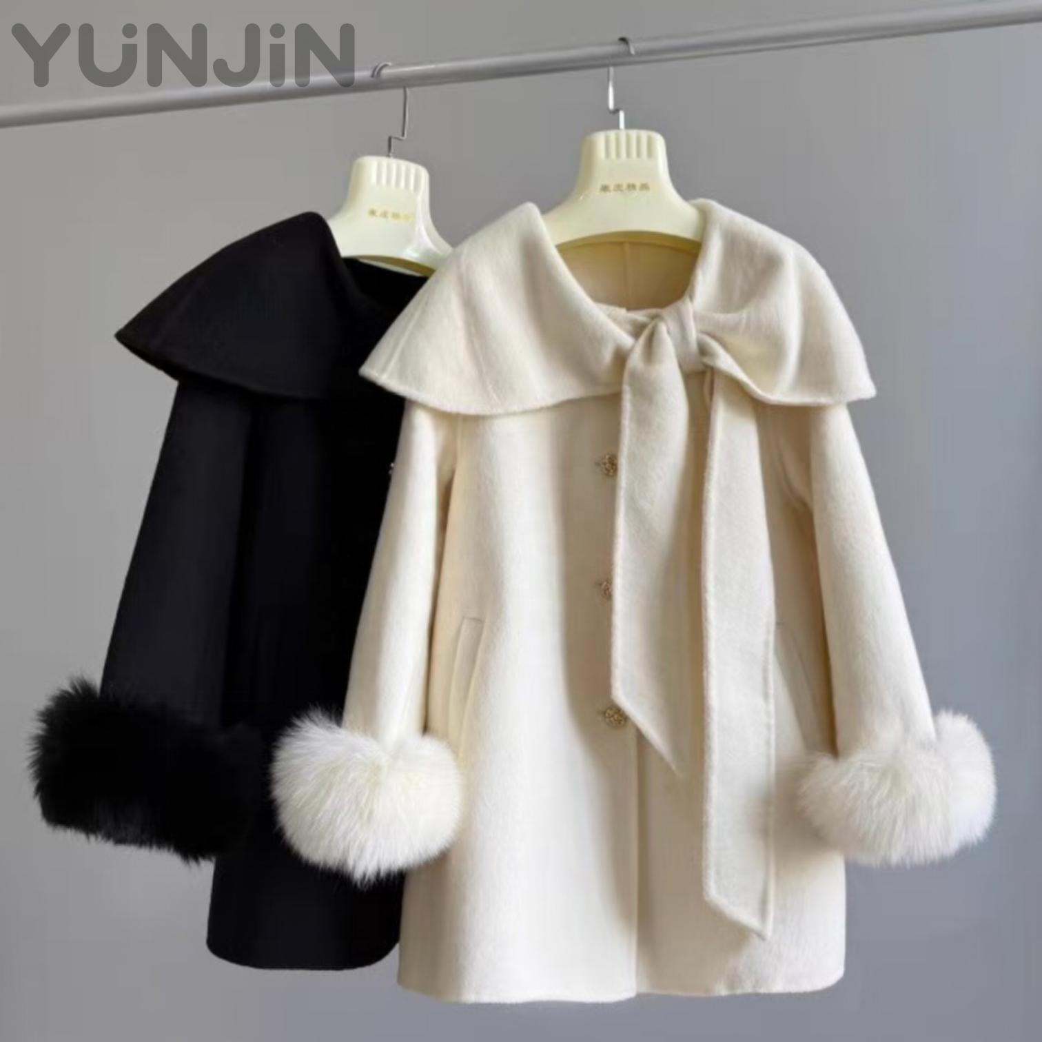 Elegant Designer Women's Real fox Fur Trim Double