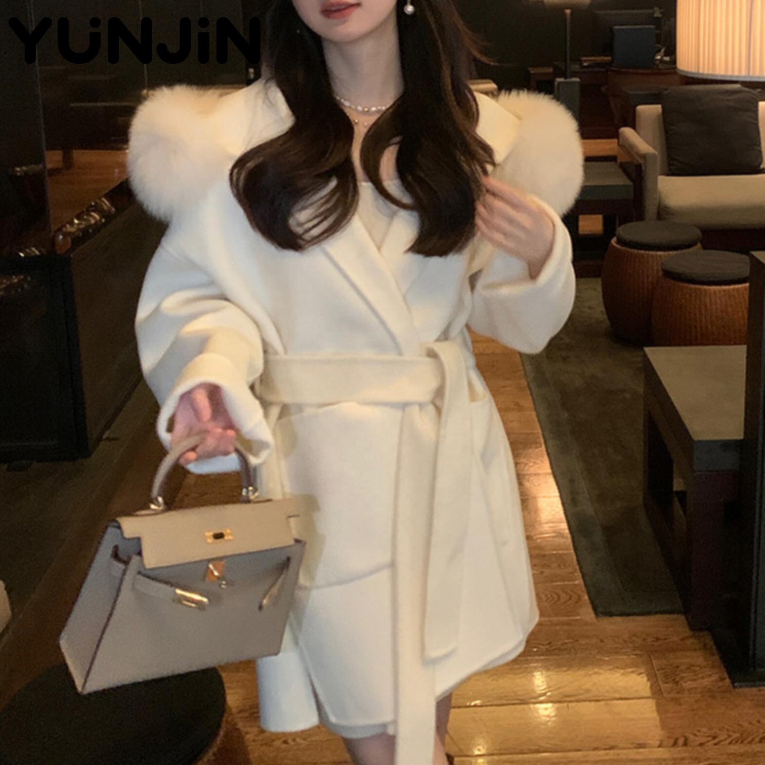 Luxury Women's Double-Faced Wool Cashmere Overcoat Genuine Fox