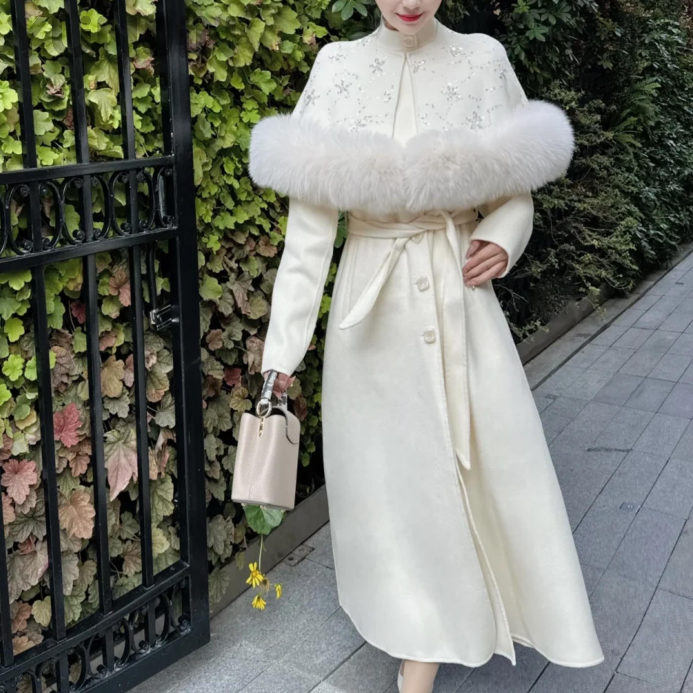 Women's Fox Fur Cape Wool Coat Long Double-Faced