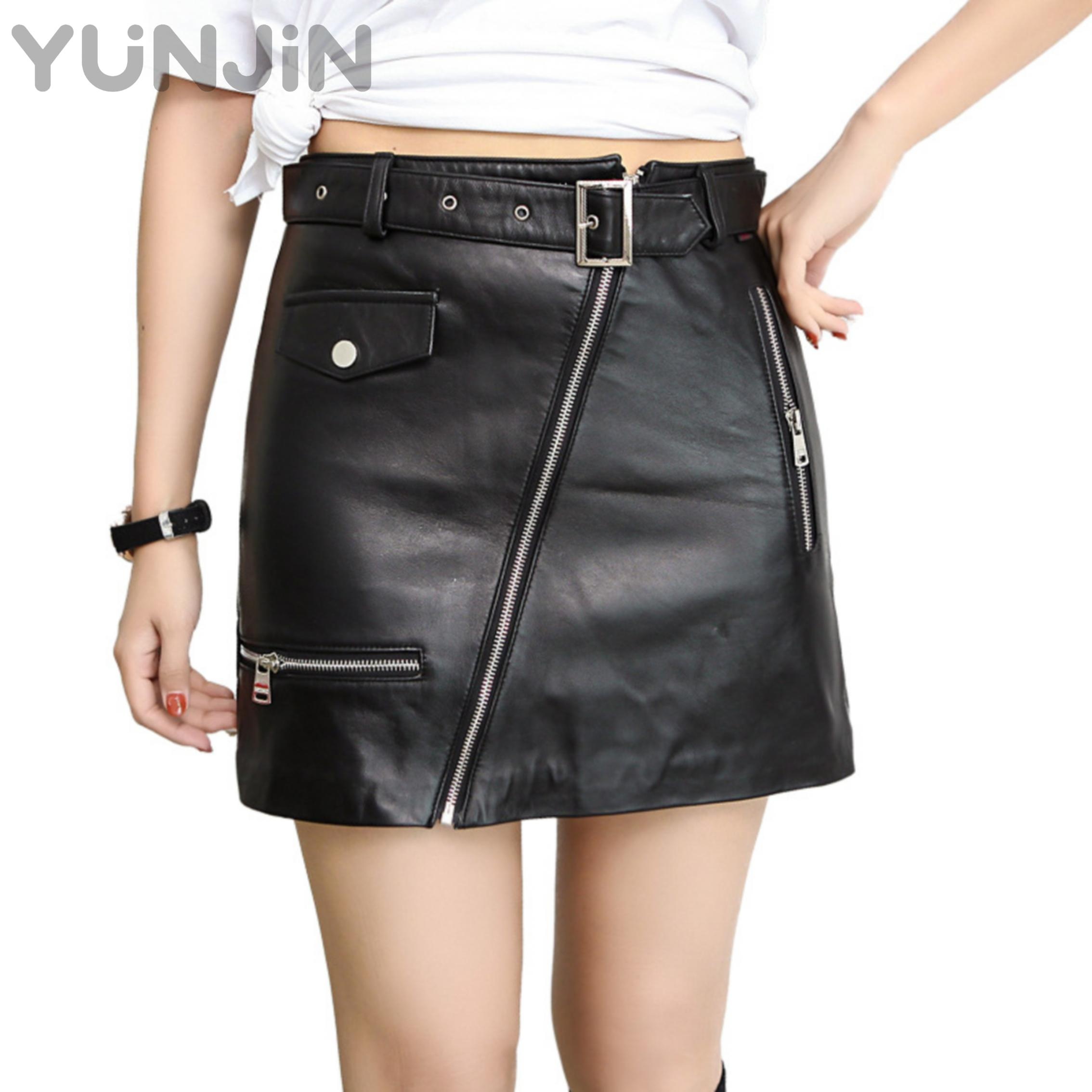 Women Genuine Sheep Leather Skirt High Waist Biker