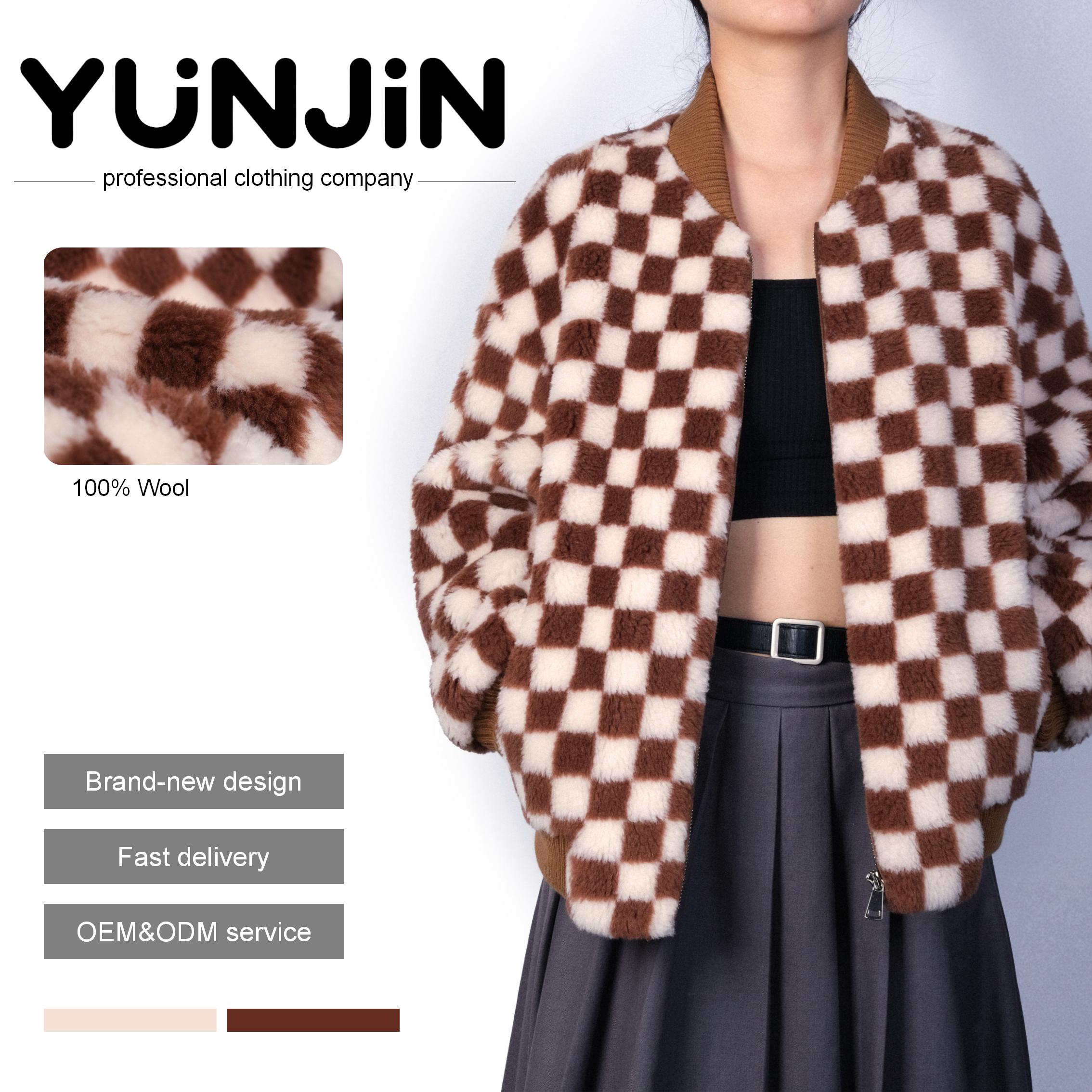 YUNJIN Women's Plaid Wool Coat Designer Casual O-Neck
