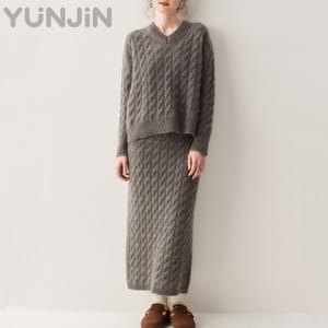 Women's Cashmere Wool Knitted Set Two Pieces V-neck