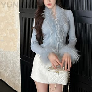 Real Fox Fur Placket Trim Women's Knit Cardigan