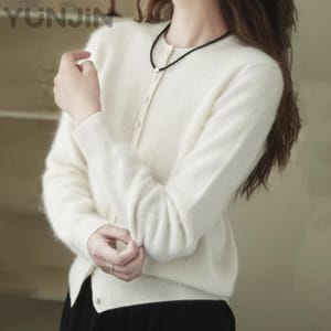 Women's Wool Cashmere Fluffy O-Neck Knitted Sweater Cardigan