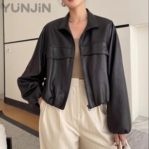Petite Women Sheep Leather Jacket Short Cropped Zip