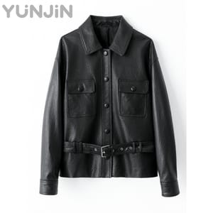 Women Black Leather Jacket Shirt Style Cropped Biker