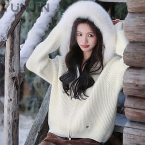 New Winter Real Fox Fur Collar Knitted Hooded