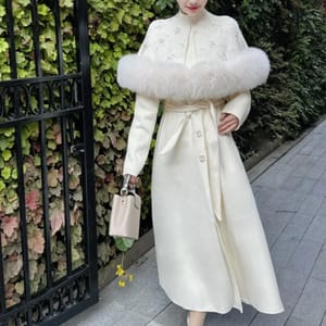 Women's Fox Fur Cape Wool Coat Long Double-Faced